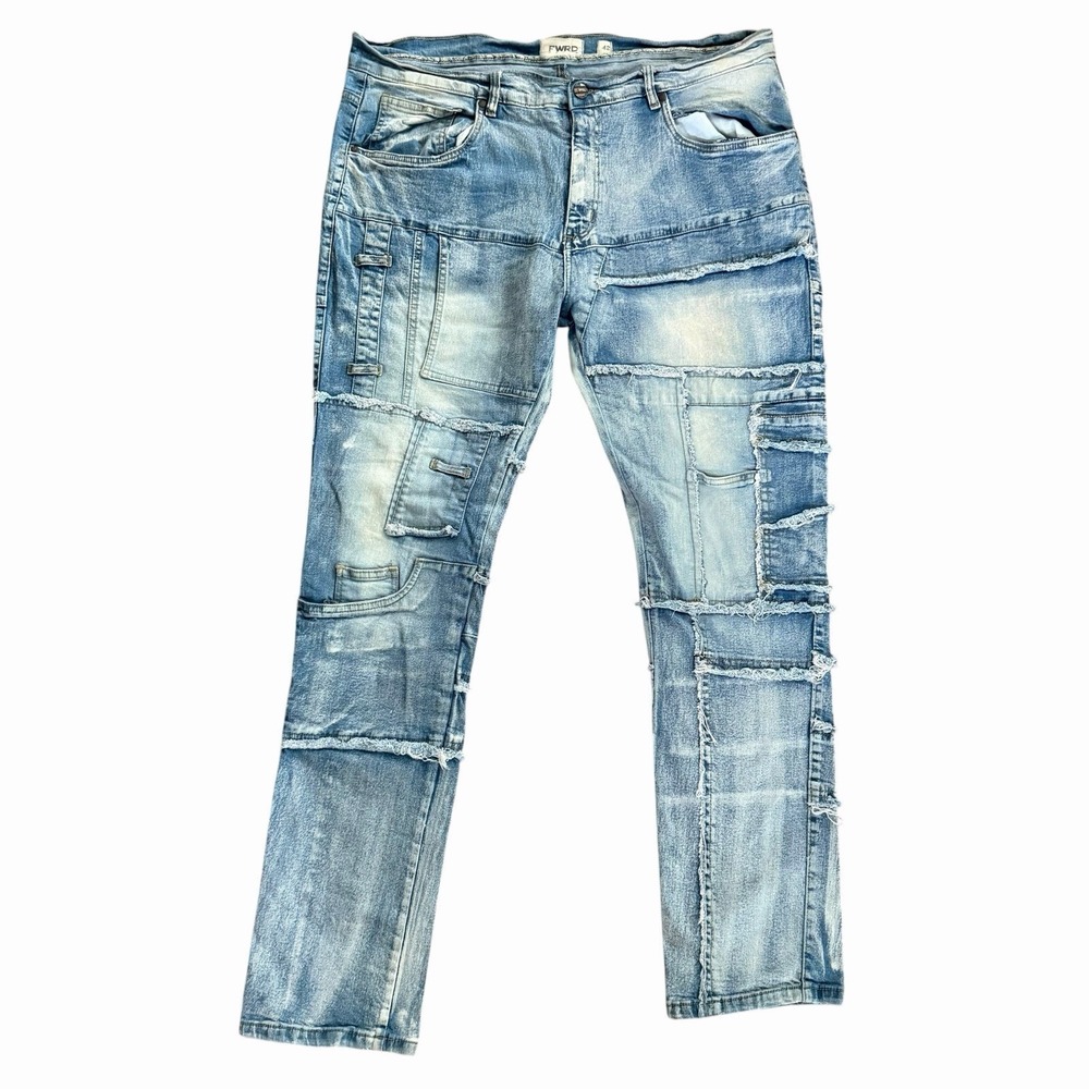 FWRD Denim Jeans Mens Blue Light Wash Thrashed Pockets Fits 42x34 Streetwear Y2K